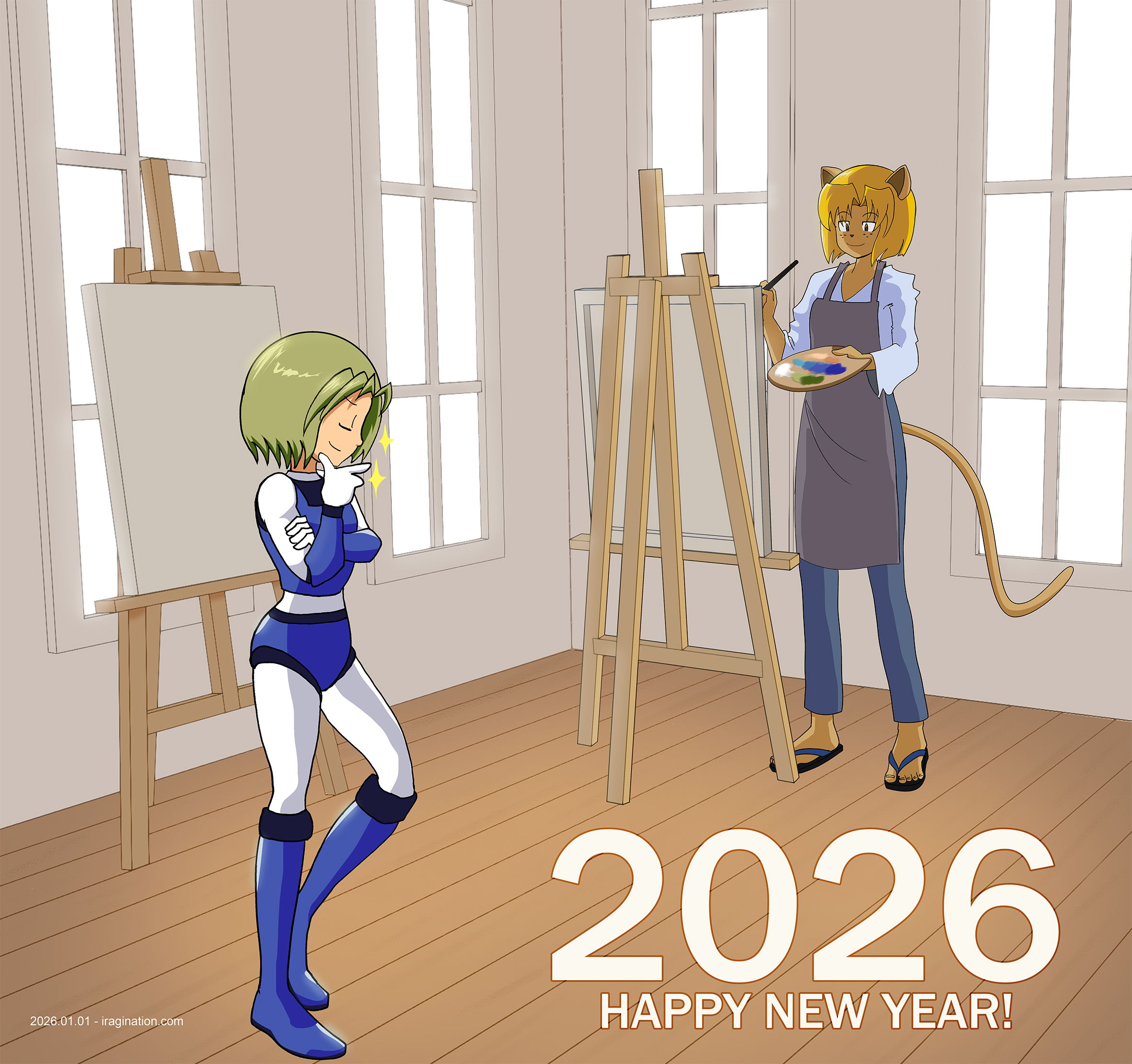 Happy New Year 2026
[b]Delia[/b] posing, looking quite proud of herself, while [b]Leika[/b] practices her painting skills.

What a busy year. Stretched thin to the very last week, but at least I managed to complete this last illustration. While the AI-generated content hype is at an all-time high, and I did some experiments with the considerable leaps in quality seen this year, I still enjoy sitting back and taking on the challenge of drawing stuff myself.

The art easel stands were modeled using Blender. That was going to be the extent of it, but when I asked AI to generate an art studio background, it gave me a one-point perspective scene that did not match the camera angle I had in mind for Delia and Leika. Still, it was a nice scene, so I decided to model it in Blender, render it at the angle I wanted, and paint it myself. I am sure there is an easier way to get this result, but that was the most time I could afford for this little experiment.

Hope to keep experimenting and posting results this year. Happy New Year!
Keywords: delia leika