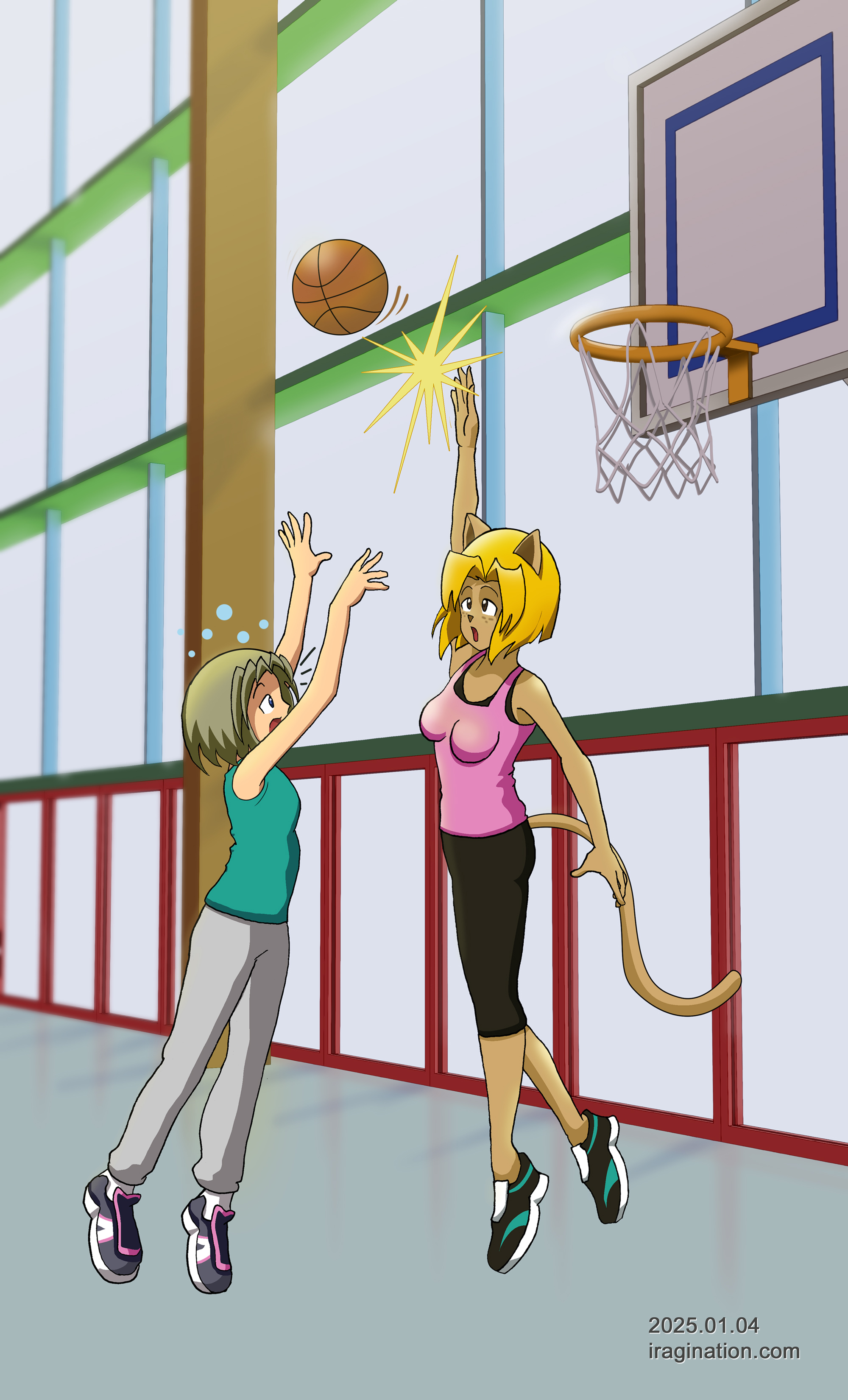 Basketball Match
Follow up on my [url=https://www.iragination.com/illust/displayimage.php?pid=618]previous picture[/url]. 

Last time I did not have time to complete the background. Essentially, it is a 3D scene modeled in Blender and then colored in Photoshop. Fun times.

Delia and Leika © IRAGINATION
Keywords: delia leika