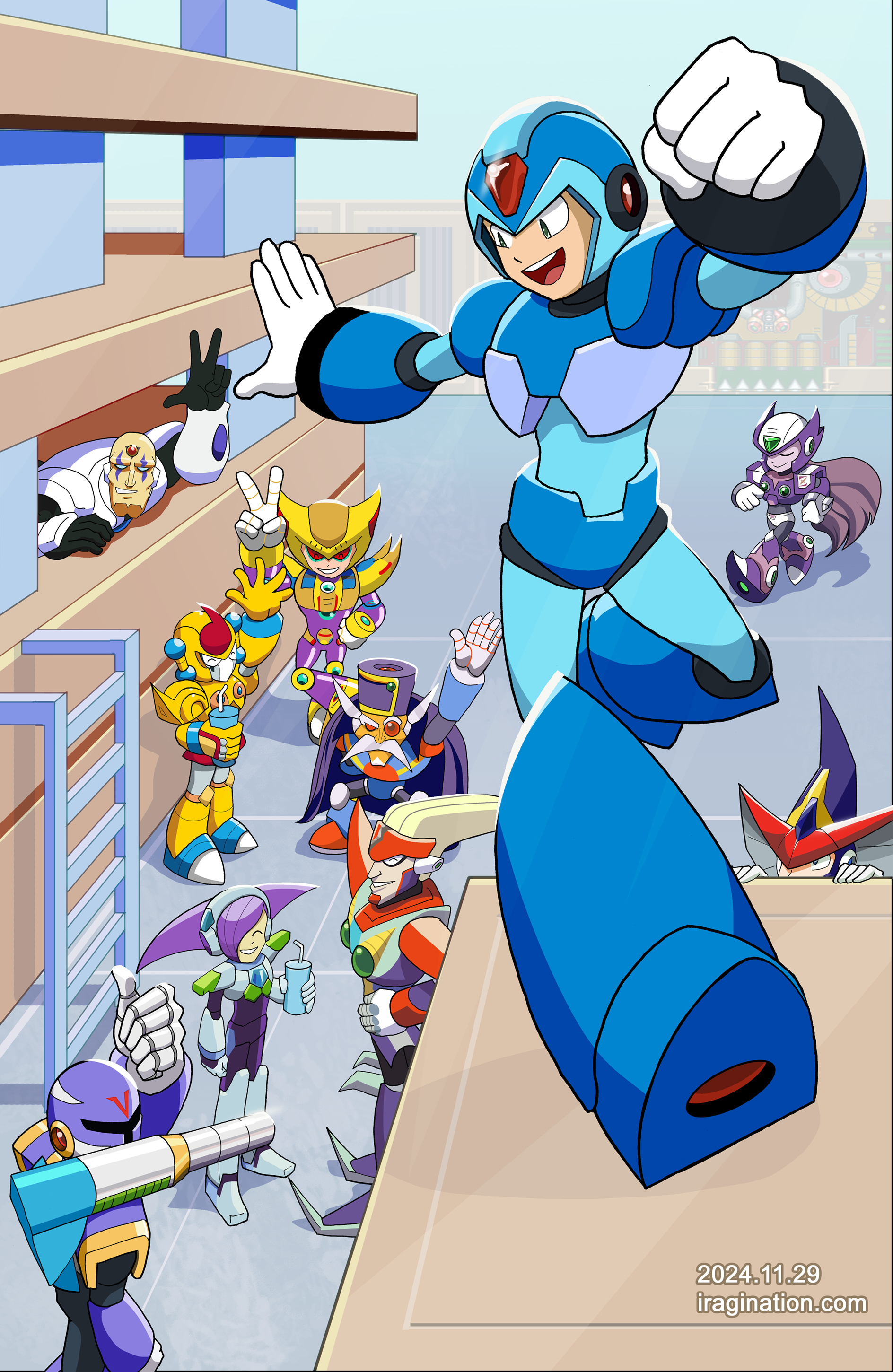 Mega Man X Comic Cover
This illustration is based on the cover of the comic [url=https://www.rockman-corner.com/2024/11/udons-mega-man-will-celebrate-free.html]Mega Man #0 by Udon[/url].

Thumbs up Vile always cracks me up.

Mega Man X © CAPCOM
Keywords: x sigma vile bit double serges zero_nightmare lumine red berkana Rangda_Bangda